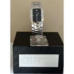 Guess Steel Watch G95216G Mens Silver Tone Black Dial Diamond Accent Japan Movt